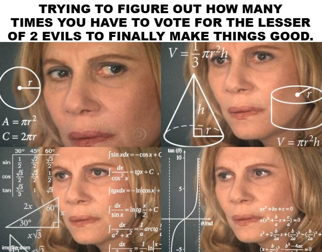 Calculating meme | TRYING TO FIGURE OUT HOW MANY TIMES YOU HAVE TO VOTE FOR THE LESSER OF 2 EVILS TO FINALLY MAKE THINGS GOOD. | image tagged in calculating meme,voting,republicans,democrats,evil,good | made w/ Imgflip meme maker