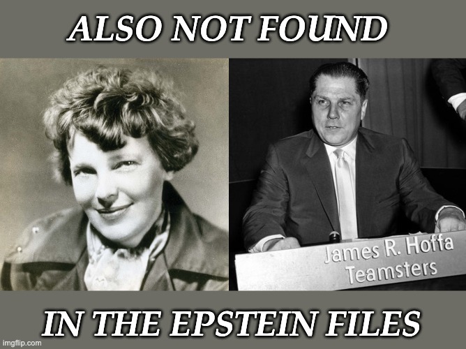 ALSO NOT FOUND IN THE EPSTEIN FILES | image tagged in amelia earhart,jimmy hoffa | made w/ Imgflip meme maker