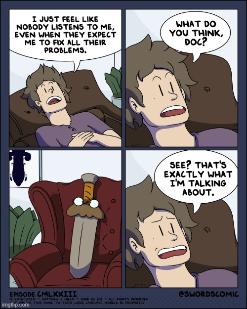 image tagged in matthew,therapy,therapist,sword,fix,problems | made w/ Imgflip meme maker
