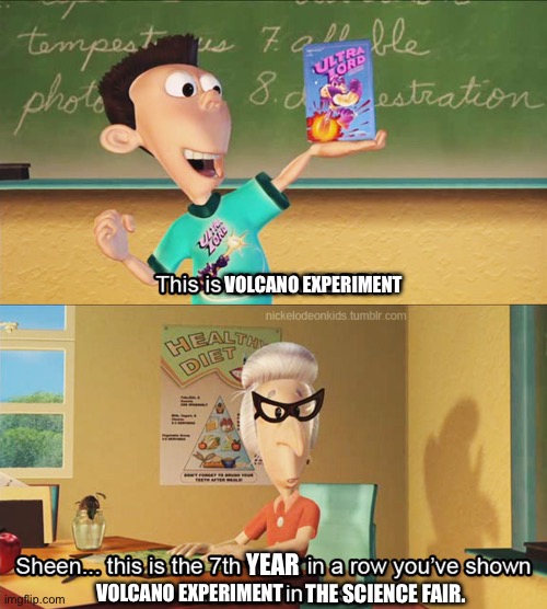 Science fair experiments be like | VOLCANO EXPERIMENT; YEAR; VOLCANO EXPERIMENT; THE SCIENCE FAIR. | image tagged in this is the 7th week in a row you've shown ultra lord in class | made w/ Imgflip meme maker