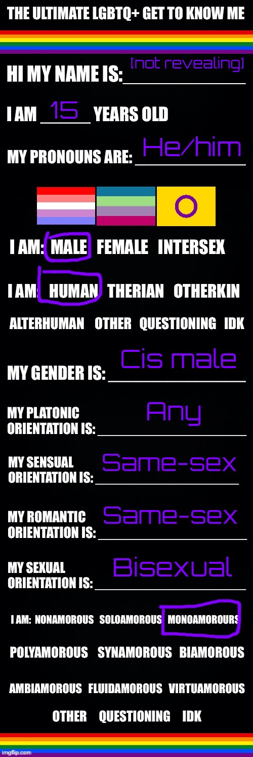 The ultimate LGBTQ+ get to know me | [not revealing]; 15; He/him; Cis male; Any; Same-sex; Same-sex; Bisexual | image tagged in the ultimate lgbtq get to know me | made w/ Imgflip meme maker