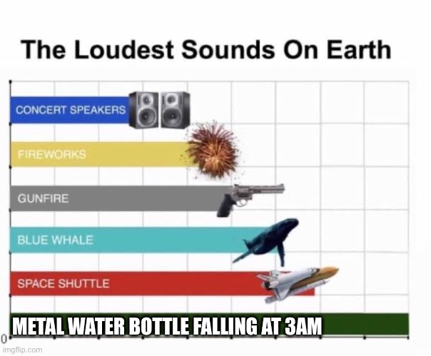 Literally | METAL WATER BOTTLE FALLING AT 3AM | image tagged in the loudest sounds on earth,relatable,funny,memes | made w/ Imgflip meme maker