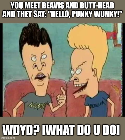Beavis And Butt-Head RP pt 1 [no ERP] and put prompt in comments | YOU MEET BEAVIS AND BUTT-HEAD AND THEY SAY: "HELLO, PUNKY WUNKY!"; WDYD? [WHAT DO U DO] | image tagged in beavis butt-head he said,roleplaying,beavis and butthead | made w/ Imgflip meme maker