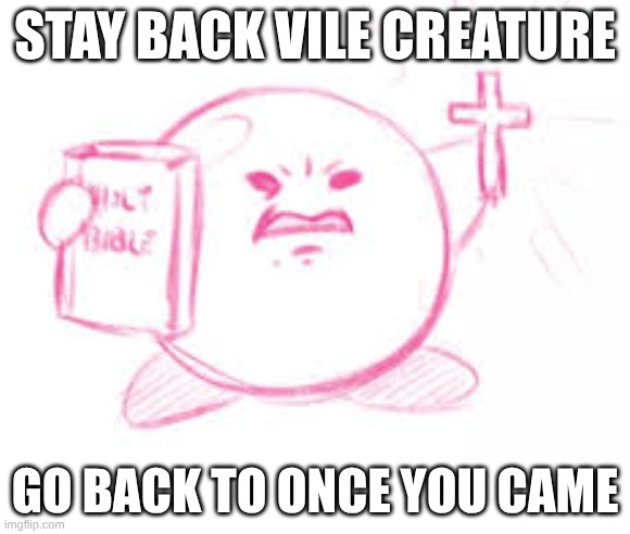 STAY BACK VILE CREATURE | STAY BACK VILE CREATURE; GO BACK TO ONCE YOU CAME | image tagged in funny,kirby,happy | made w/ Imgflip meme maker