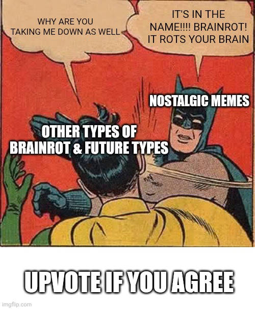 The great meme reset be like part 2 | WHY ARE YOU TAKING ME DOWN AS WELL; IT'S IN THE NAME!!!! BRAINROT! IT ROTS YOUR BRAIN; NOSTALGIC MEMES; OTHER TYPES OF BRAINROT & FUTURE TYPES; UPVOTE IF YOU AGREE | image tagged in memes,batman slapping robin | made w/ Imgflip meme maker