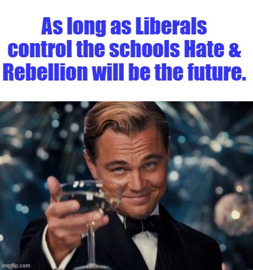 Everyone knows it & can see it now. Its what they teach | As long as Liberals control the schools Hate & Rebellion will be the future. | image tagged in memes,leonardo dicaprio cheers | made w/ Imgflip meme maker