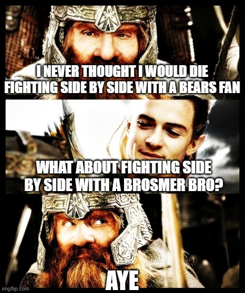 LOTR - Side by Side with a Friend | I NEVER THOUGHT I WOULD DIE FIGHTING SIDE BY SIDE WITH A BEARS FAN; WHAT ABOUT FIGHTING SIDE BY SIDE WITH A BROSMER BRO? AYE | image tagged in lotr - side by side with a friend | made w/ Imgflip meme maker