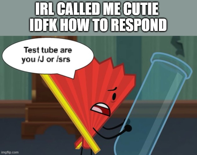 erm... | IRL CALLED ME CUTIE 
IDFK HOW TO RESPOND | image tagged in test tube are you /j or /srs | made w/ Imgflip meme maker