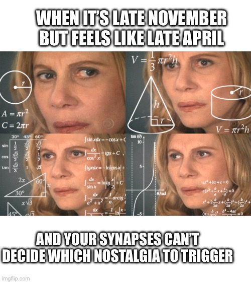 Southerners know what I’m talking about | WHEN IT’S LATE NOVEMBER BUT FEELS LIKE LATE APRIL; AND YOUR SYNAPSES CAN’T DECIDE WHICH NOSTALGIA TO TRIGGER | image tagged in confused math lady room for text | made w/ Imgflip meme maker