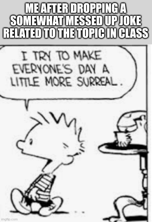 I try to make everyone's day more surreal | ME AFTER DROPPING A SOMEWHAT MESSED UP JOKE RELATED TO THE TOPIC IN CLASS | image tagged in i try to make everyone's day more surreal | made w/ Imgflip meme maker