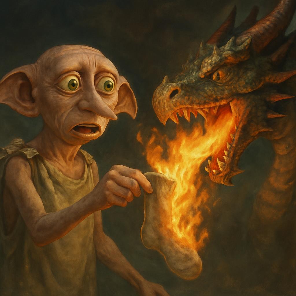 Dobby with a sock but a dragon is burning the sock in Dobby's ha Blank Meme Template