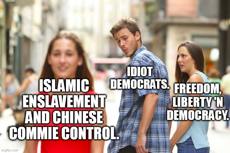 "For a little bit of money... [smh in disappointment] and it's a beautiful day..." - Fargo 1996. So true about the democrats! | FREEDOM, LIBERTY 'N DEMOCRACY. IDIOT DEMOCRATS. ISLAMIC ENSLAVEMENT AND CHINESE COMMIE CONTROL. | image tagged in memes,distracted boyfriend,islam,china,ccp,democracy | made w/ Imgflip meme maker