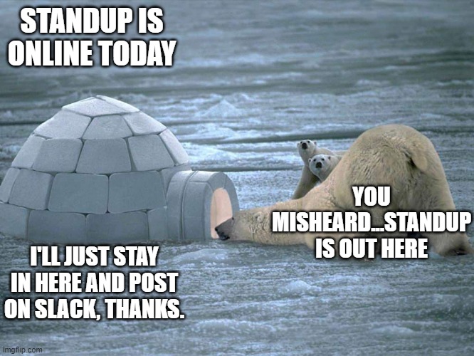 Update slack | STANDUP IS ONLINE TODAY; YOU MISHEARD...STANDUP IS OUT HERE; I'LL JUST STAY IN HERE AND POST ON SLACK, THANKS. | image tagged in polar bear igloo | made w/ Imgflip meme maker