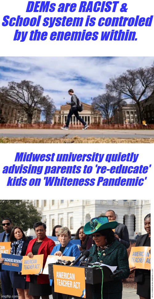 DEMs are RACIST & School system is controled by the enemies within. Midwest university quietly advising parents to 're-educate' kids on 'Whiteness Pandemic' | made w/ Imgflip meme maker