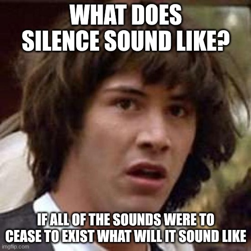 Conspiracy Keanu | WHAT DOES SILENCE SOUND LIKE? IF ALL OF THE SOUNDS WERE TO CEASE TO EXIST WHAT WILL IT SOUND LIKE | image tagged in memes,conspiracy keanu | made w/ Imgflip meme maker