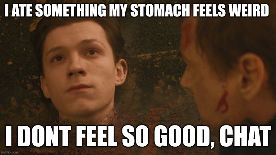 Mr Stark I don't feel so good | I ATE SOMETHING MY STOMACH FEELS WEIRD; I DONT FEEL SO GOOD, CHAT | image tagged in mr stark i don't feel so good | made w/ Imgflip meme maker