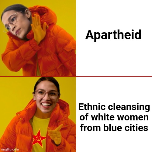Who will kill more white women: career criminals or illegal immigrants?! | Apartheid; Ethnic cleansing
of white women
from blue cities | image tagged in aoc drake hotline bling,memes,democrats,ethnic cleansing,white women,apartheid | made w/ Imgflip meme maker