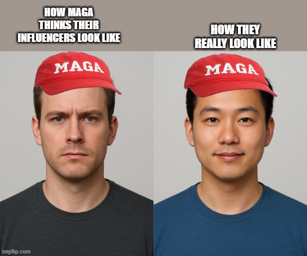 Imported hate | HOW THEY REALLY LOOK LIKE; HOW MAGA THINKS THEIR INFLUENCERS LOOK LIKE | image tagged in donald trump,trump,maga,trump supporter,nevertrump,republican | made w/ Imgflip meme maker