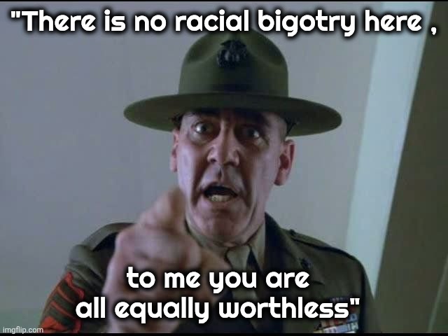 "There is no racial bigotry here , to me you are all equally worthless" | image tagged in sargent hartman | made w/ Imgflip meme maker