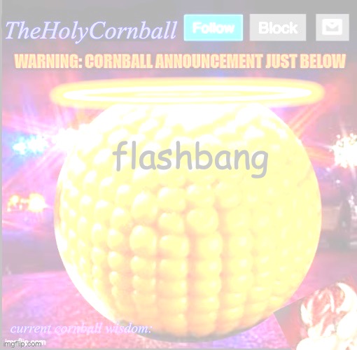 TheHolyCornball Announcement | flashbang | image tagged in theholycornball announcement | made w/ Imgflip meme maker