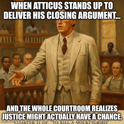 Atticus | WHEN ATTICUS STANDS UP TO DELIVER HIS CLOSING ARGUMENT... AND THE WHOLE COURTROOM REALIZES JUSTICE MIGHT ACTUALLY HAVE A CHANCE. | image tagged in waiting skeleton | made w/ Imgflip meme maker