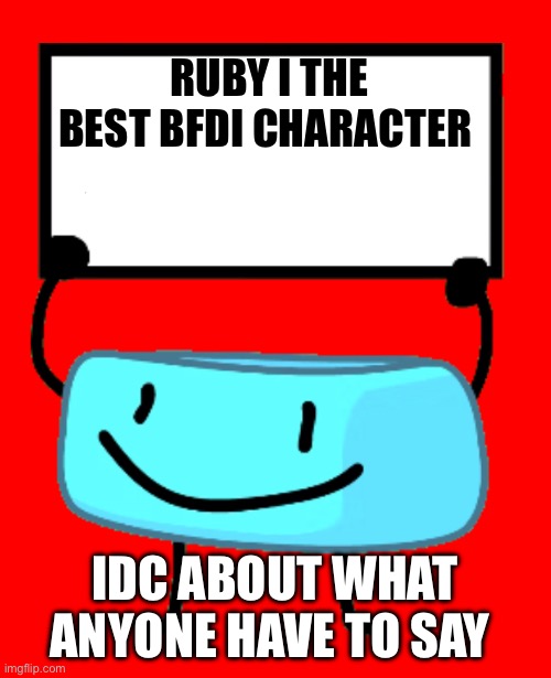 Ruby is my favorite | RUBY I THE BEST BFDI CHARACTER; IDC ABOUT WHAT ANYONE HAVE TO SAY | image tagged in bracelety sign | made w/ Imgflip meme maker