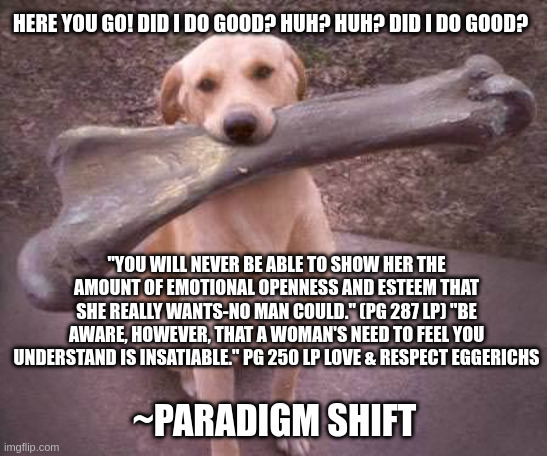 dog bone | HERE YOU GO! DID I DO GOOD? HUH? HUH? DID I DO GOOD? "YOU WILL NEVER BE ABLE TO SHOW HER THE AMOUNT OF EMOTIONAL OPENNESS AND ESTEEM THAT SHE REALLY WANTS-NO MAN COULD." (PG 287 LP) "BE AWARE, HOWEVER, THAT A WOMAN'S NEED TO FEEL YOU UNDERSTAND IS INSATIABLE." PG 250 LP LOVE & RESPECT EGGERICHS; ~PARADIGM SHIFT | image tagged in dog bone | made w/ Imgflip meme maker