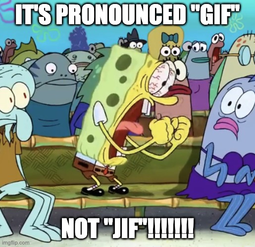 WHEN WILL THE NORMIES LEARN | IT'S PRONOUNCED "GIF"; NOT "JIF"!!!!!!! | image tagged in spongebob yelling,gifs,dank memes,spelling,rage | made w/ Imgflip meme maker