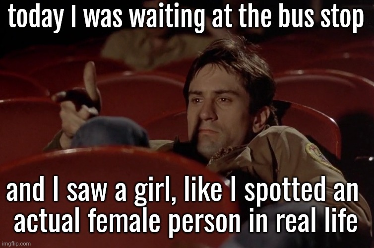 Robert De Niro in movie theater | today I was waiting at the bus stop; and I saw a girl, like I spotted an 
actual female person in real life | image tagged in robert de niro in movie theater | made w/ Imgflip meme maker