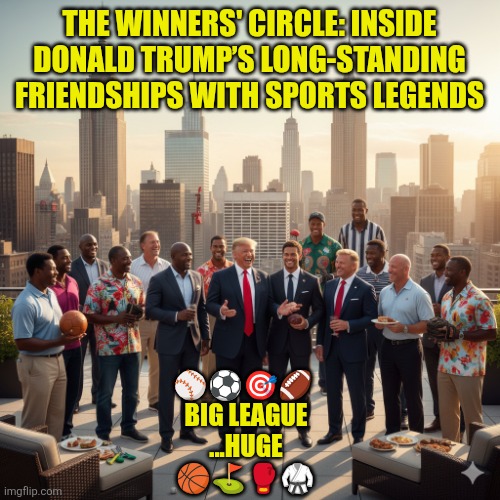 Trump's All-star Roster | THE WINNERS' CIRCLE: INSIDE DONALD TRUMP’S LONG-STANDING FRIENDSHIPS WITH SPORTS LEGENDS; ⚾️⚽️🎯🏈 
BIG LEAGUE
...HUGE
🏀⛳️🥊🥋 | image tagged in trump's all-star roster,trump,tom brady,tiger woods,dana white,mike tyson | made w/ Imgflip meme maker