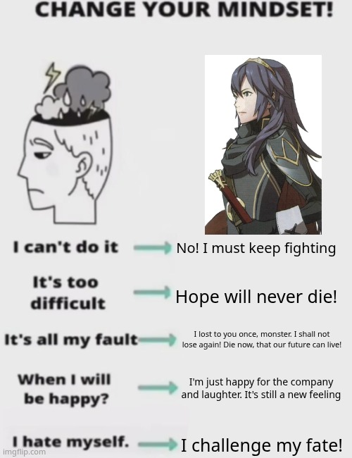 CHANGE YOUR MINDSET! | No! I must keep fighting; Hope will never die! I lost to you once, monster. I shall not lose again! Die now, that our future can live! I'm just happy for the company and laughter. It's still a new feeling; I challenge my fate! | image tagged in change your mindset | made w/ Imgflip meme maker