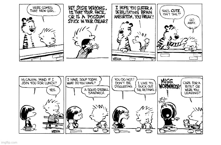 “Here Comes the New Girl” & “Lunchtime With Susie” | image tagged in calvin and hobbes,comics,twofer,here she comes,lunchtime | made w/ Imgflip meme maker