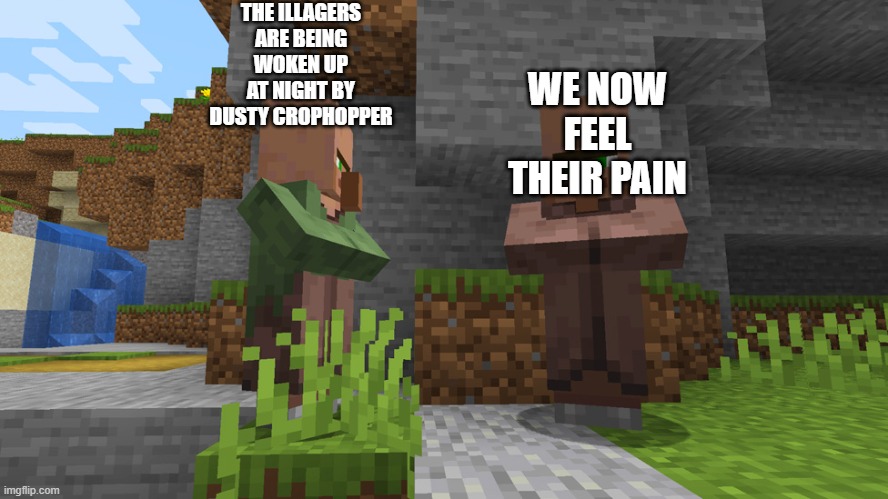 Villagers | THE ILLAGERS ARE BEING WOKEN UP AT NIGHT BY DUSTY CROPHOPPER; WE NOW FEEL THEIR PAIN | image tagged in villagers | made w/ Imgflip meme maker