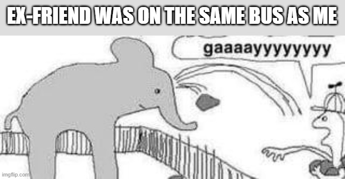 buh | EX-FRIEND WAS ON THE SAME BUS AS ME | image tagged in gay elephant | made w/ Imgflip meme maker