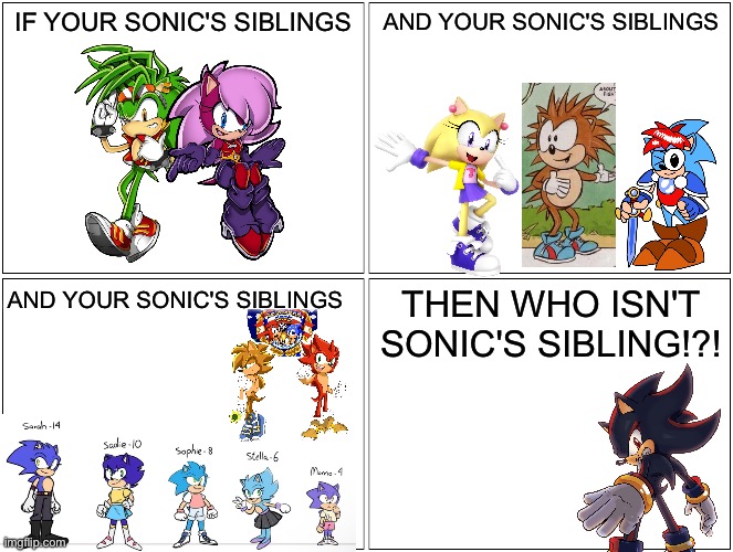 Sonic's siblings throughout the ages | IF YOUR SONIC'S SIBLINGS; AND YOUR SONIC'S SIBLINGS; THEN WHO ISN'T SONIC'S SIBLING!?! AND YOUR SONIC'S SIBLINGS | image tagged in memes,blank comic panel 2x2,sonic the hedgehog,sonic | made w/ Imgflip meme maker