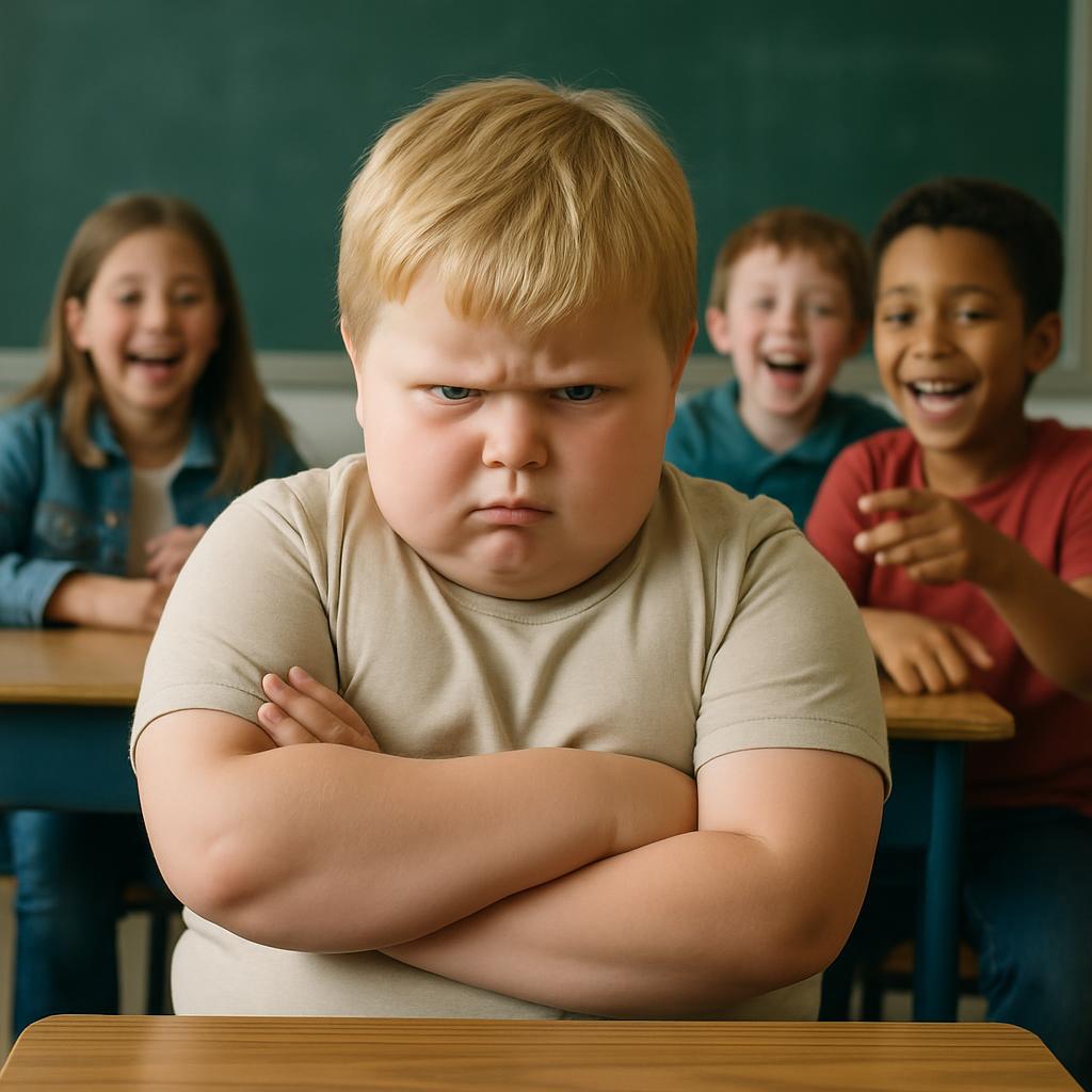 Angry chubby blonde kid sitting infront of classmates whilst the Blank Meme Template