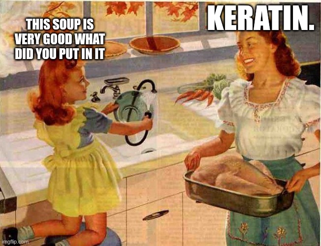 Vintage Thanksgiving Mom and Daughter | THIS SOUP IS VERY GOOD WHAT DID YOU PUT IN IT KERATIN. | image tagged in vintage thanksgiving mom and daughter | made w/ Imgflip meme maker