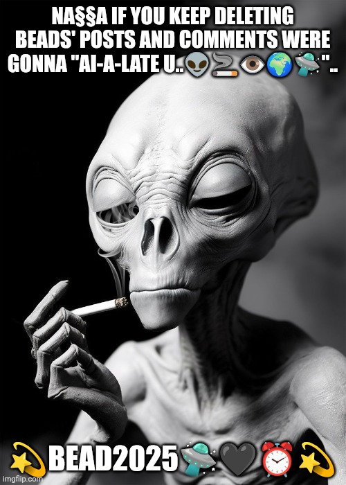 Ufo 2025 | NA§§A IF YOU KEEP DELETING BEADS' POSTS AND COMMENTS WERE GONNA "AI-A-LATE U..👽🚬👁️🌍🛸".. 💫BEAD2025🛸🖤⏰💫 | image tagged in ufo | made w/ Imgflip meme maker