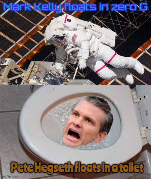 FLOATERS | Mark Kelly floats in zero G; Pete Hegseth floats in a toilet | image tagged in floaters,zero g,just a zero,space explorer,space between the ers,aviator vs grunt | made w/ Imgflip meme maker