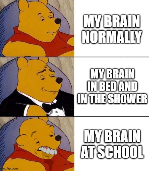 My brain be like | MY BRAIN NORMALLY; MY BRAIN IN BED AND IN THE SHOWER; MY BRAIN AT SCHOOL | image tagged in best better blurst | made w/ Imgflip meme maker