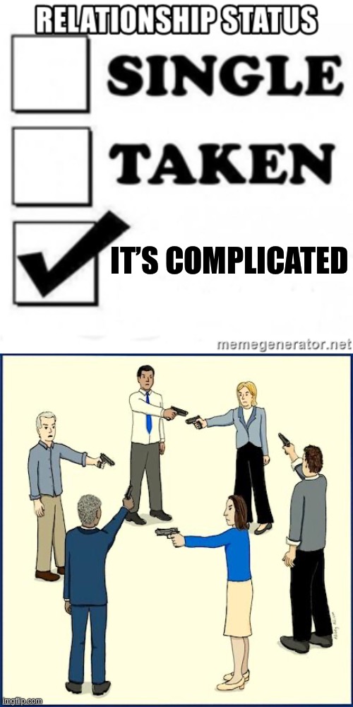 When their profile status says “it’s complicated” | IT’S COMPLICATED | image tagged in relationship status,circular firing squad,complicated | made w/ Imgflip meme maker