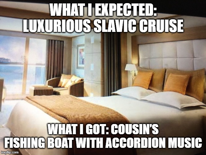 Cruise ship bedroom | WHAT I EXPECTED: LUXURIOUS SLAVIC CRUISE; WHAT I GOT: COUSIN’S FISHING BOAT WITH ACCORDION MUSIC | image tagged in cruise ship bedroom,slavic lives matter,slavic cruise | made w/ Imgflip meme maker