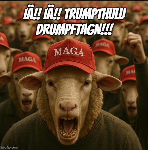 MAGA sheep | IÄ!! IÄ!! TRUMPTHULU
DRUMPFTAGN!!! | image tagged in maga sheep | made w/ Imgflip meme maker