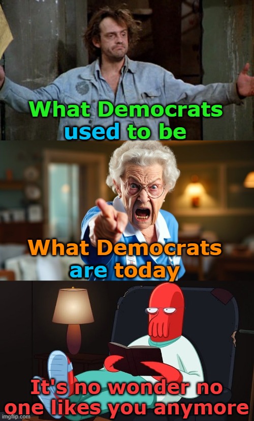 The party of lecturing and conformity. | What Democrats used to be; used; What Democrats are today; are; It's no wonder no one likes you anymore | image tagged in reverend jim,angry old lady,zoidberg | made w/ Imgflip meme maker