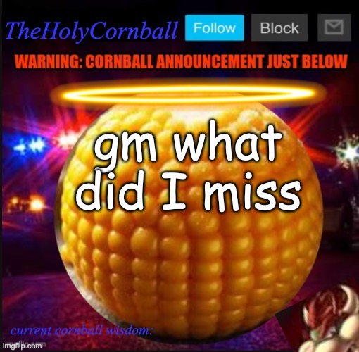TheHolyCornball Announcement | gm what did I miss | image tagged in theholycornball announcement | made w/ Imgflip meme maker