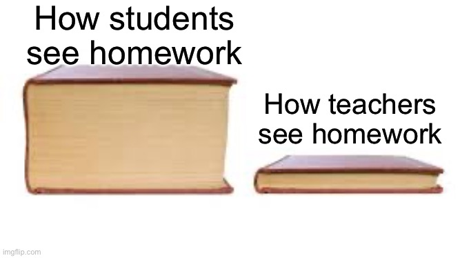Big book small book | How students see homework; How teachers see homework | image tagged in big book small book | made w/ Imgflip meme maker