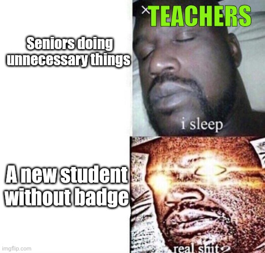 Real Shit | TEACHERS; Seniors doing unnecessary things; A new student without badge | image tagged in real shit | made w/ Imgflip meme maker