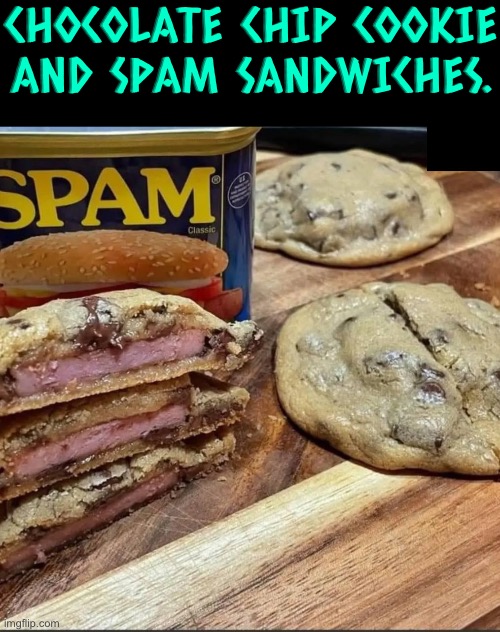 How horrible must this taste? | CHOCOLATE CHIP COOKIE AND SPAM SANDWICHES. | image tagged in cursed images,nasty food,creepy,ewwww,what a terrible day to have eyes,oh hell no | made w/ Imgflip meme maker