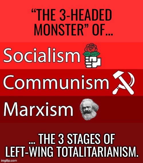 Birds of a totalitarian feather… | “THE 3-HEADED 
MONSTER” OF…; … THE 3 STAGES OF 
LEFT-WING TOTALITARIANISM. | image tagged in anti communists,socialism,communism,marxism,3 stages,3 headed monster | made w/ Imgflip meme maker