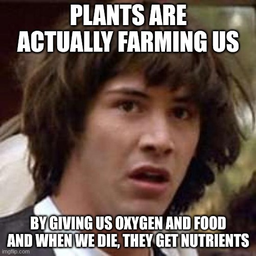 Conspiracy Keanu | PLANTS ARE ACTUALLY FARMING US; BY GIVING US OXYGEN AND FOOD AND WHEN WE DIE, THEY GET NUTRIENTS | image tagged in memes,conspiracy keanu | made w/ Imgflip meme maker